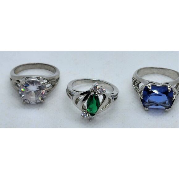 RINGS-DIAMOND CANDLE RINGS-Different Colors-Silver Tone-Lot of 3 All Size 7 - Picture 6 of 16